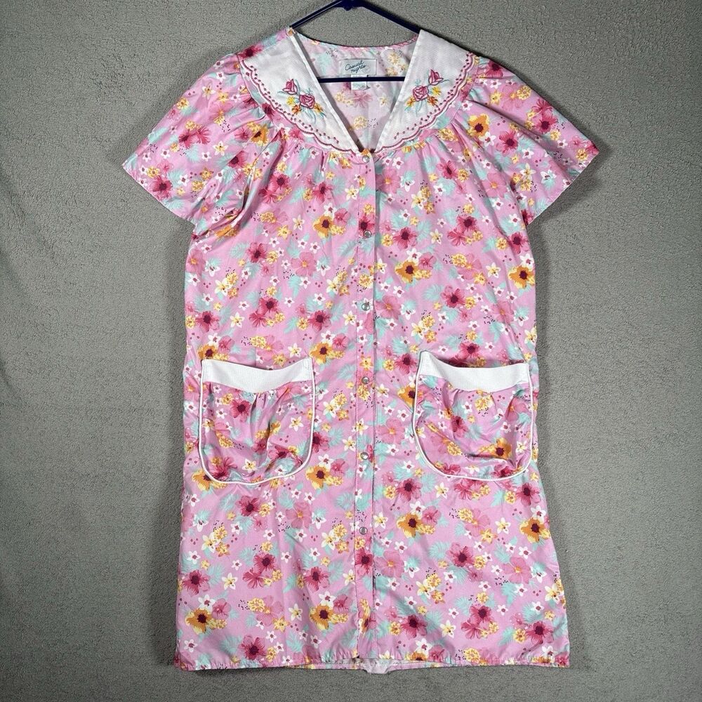 Casual‎ Nights Women’s Size M House Dress Pearl Snaps Flower Embroidery Pastels